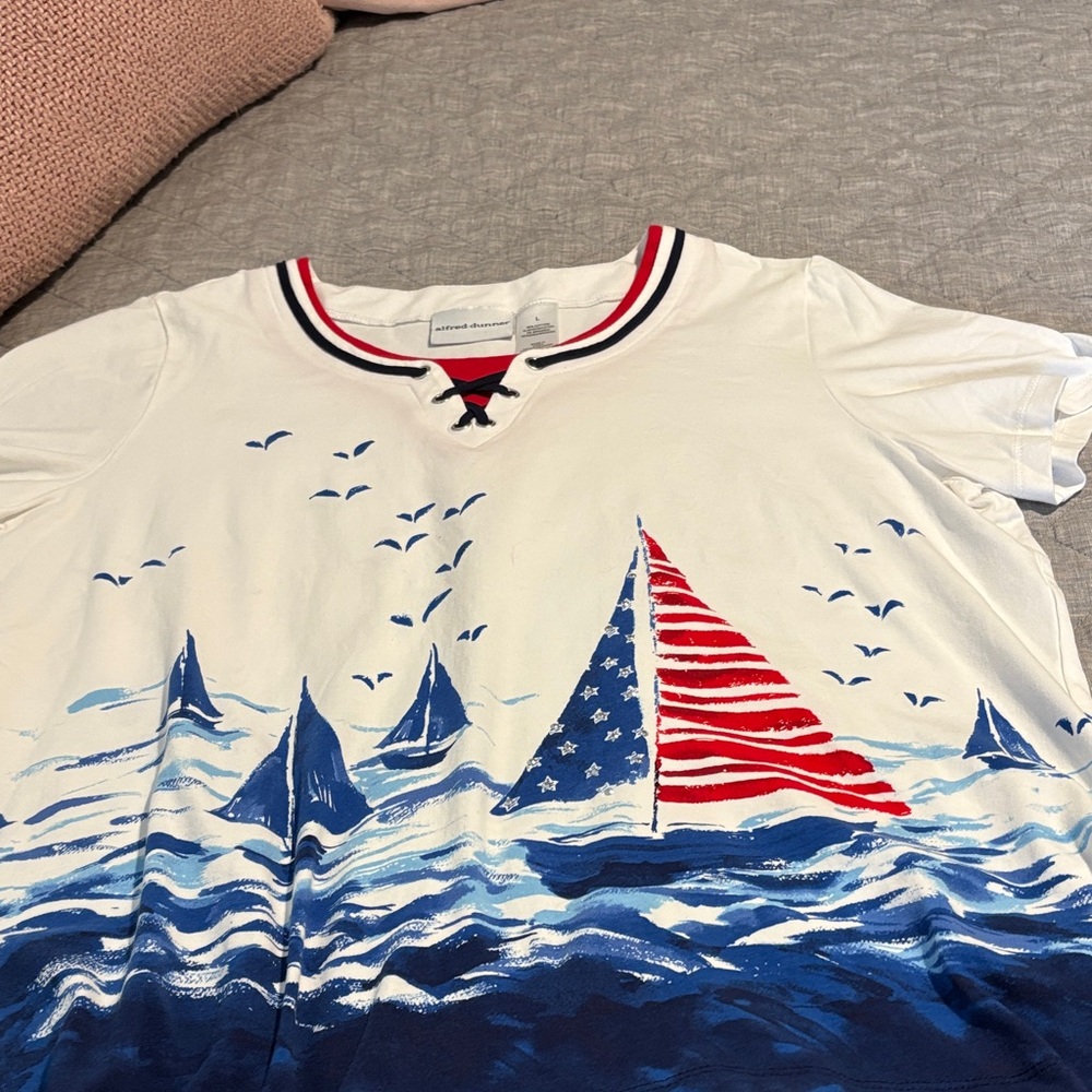 Alfred Dunner womens short Sleeve Sailboat Tee - White and Blue - Picture 2 of 5